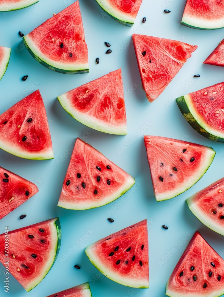 juicy slices of ripe watermelon top view, fruit pattern, bright blue background juicy slices of ripe watermelon top view, fruit pattern, bright blue background
