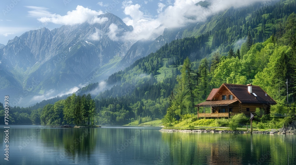 An enchanting scene unfolds in the photo, showcasing a picturesque lake nestled amidst towering mountains, with a small and inviting cabin providing a peaceful retreat.