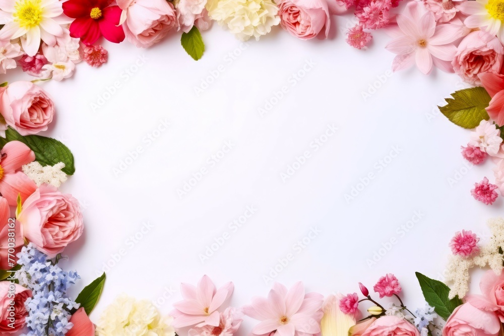 colorful floral frame against white background, banner with copy space. concepts: spring sale advertisements, website banners, social media posts, wedding invitations, greeting cards, spring sale