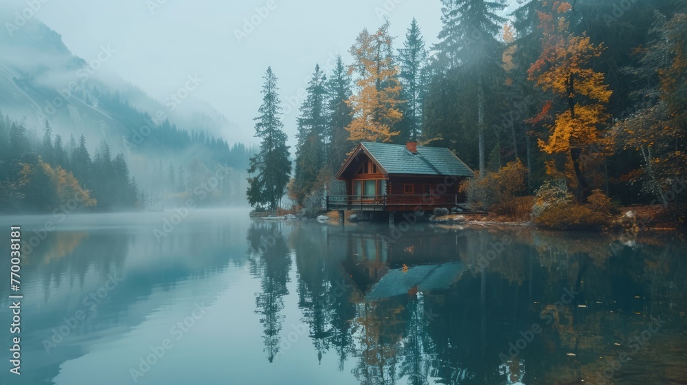 The image showcases a slice of paradise, with a small cabin nestled on the serene shore of a mountain lake, inviting visitors to enjoy the harmony of nature and cozy retreat.