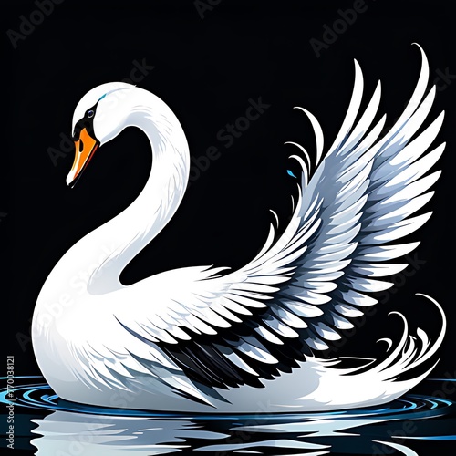 Generative ai. swan with wings spread out in the water on a black background, wings of a swan, swan, beautiful and graceful © Baxxtee