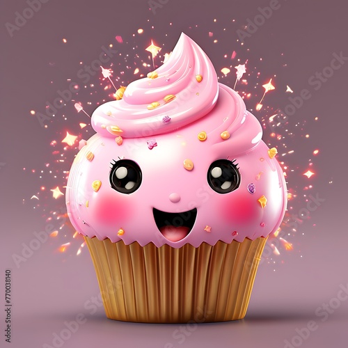 Generative ai. a close up of a cupcake with a pink frosting and sprinkles, cute 3 d render, cupcake, cute digital art © Baxxtee