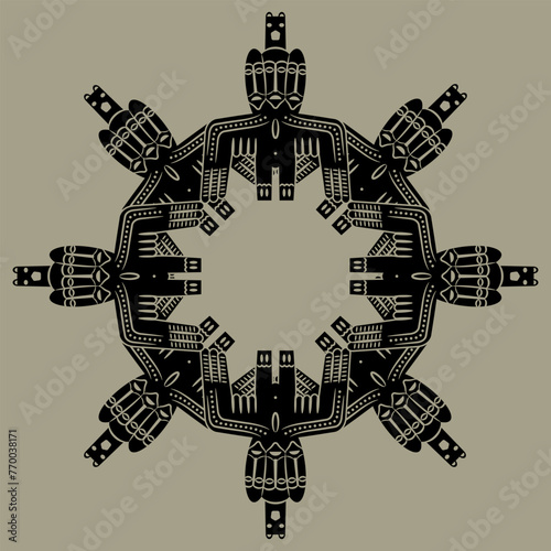 Round ethnic mandala. Tribal ancient Siberian totem idol. Permian animal style. Winged shaman deity with three faces. Monochrome silhouette.