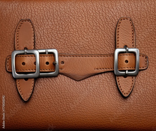 A close up of a brown leather purse with two buckles. Generative AI. © serg3d