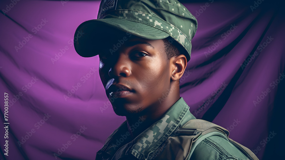 young soldier in uniform is looking towards the american flag - obrazy, fototapety, plakaty 