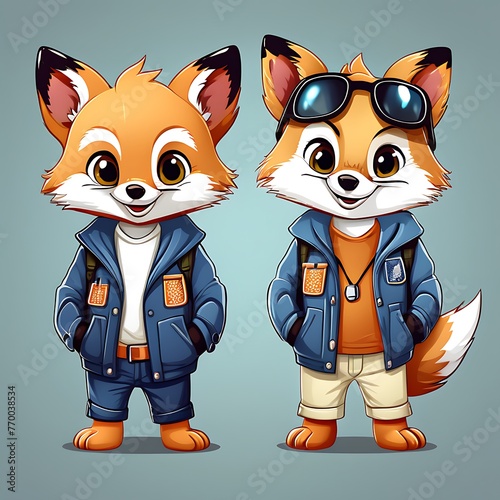 Generative ai. two cartoon foxes wearing jackets and sunglasses standing next to each other,  cute fox © Baxxtee