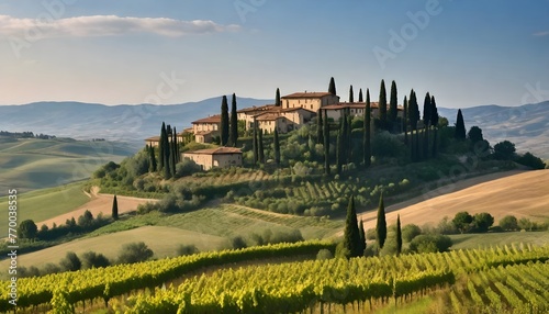 a photo of a villa with a vineyard and trees