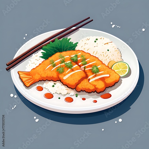 Generative ai. illustration of a plate of fish with rice and chopsticks, amazing food illustration © Baxxtee