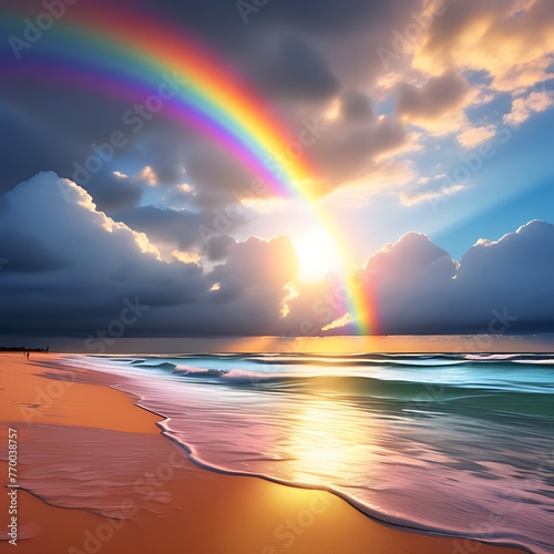 Generative ai. a close up of a rainbow over a beach with a rainbow in the sky, sunny rainbow galaxy stormy sea, rainbow in the sky © Baxxtee