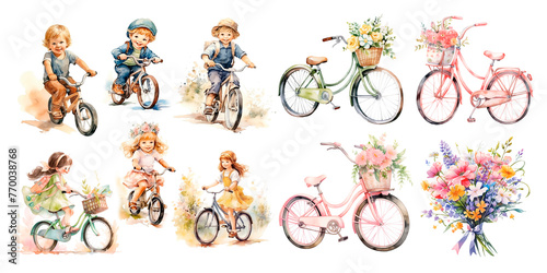 Children Girls Kids with bicycle .Girl riding a bike. Child on outside walk. Watercolor clipart isolated on white background.