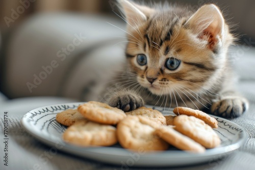 A kitten sitting on a plate with some cookies in front of it. Generative AI.