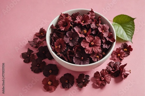 Dried hibiscus flowersin a bowl on a pink worktop. photo