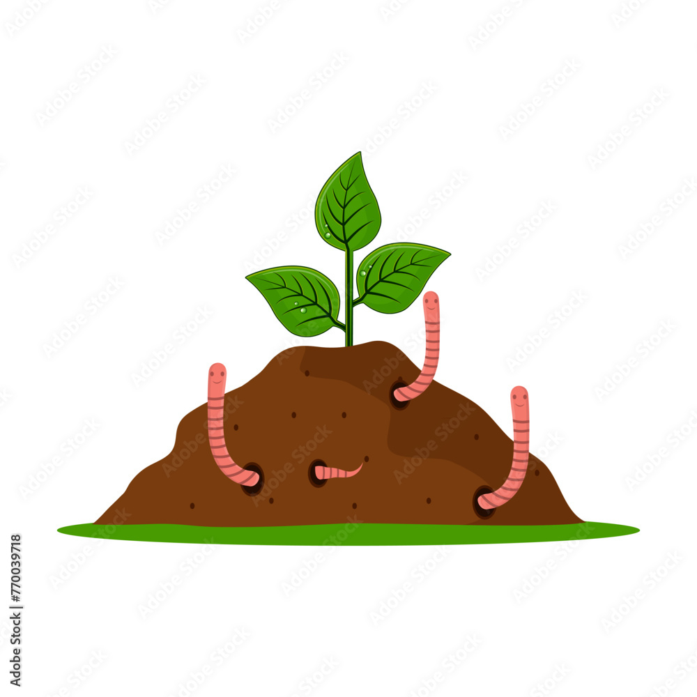 Garden organic fertilizer with worms. Ready compost pile with sprout. Recycling organic waste. Sustainable living concept. Hand drawn vector illustration