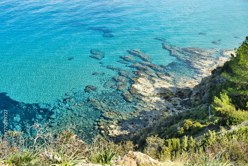 Crystal clear water of the Mediterranean at the coast at the Bath of Aphrodite, Akamas Peninsula, Paphos district, Cyprus 