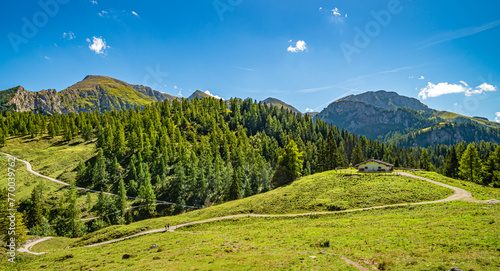Blick auf Berggipfel und eine Almhütte im Berchtesgadener Land