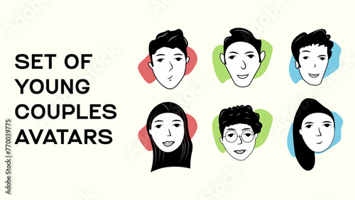 Vectoral set of young couples avatars, human avatars collection, men and women, faces, portraits, hand-drawn doodle