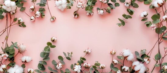 Arrangement of flowers with a border formed by new eucalyptus branches and cotton blooms. Overhead view with space for text.