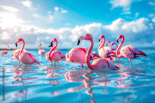 A group of pink flamingos are swimming in a body of water