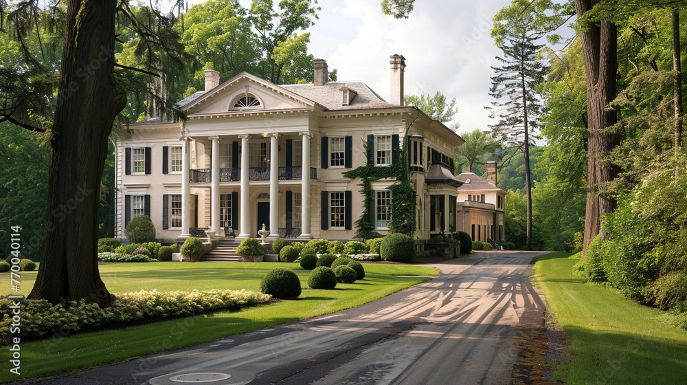 A stately colonial-style mansion with grand columns and a sweeping driveway.