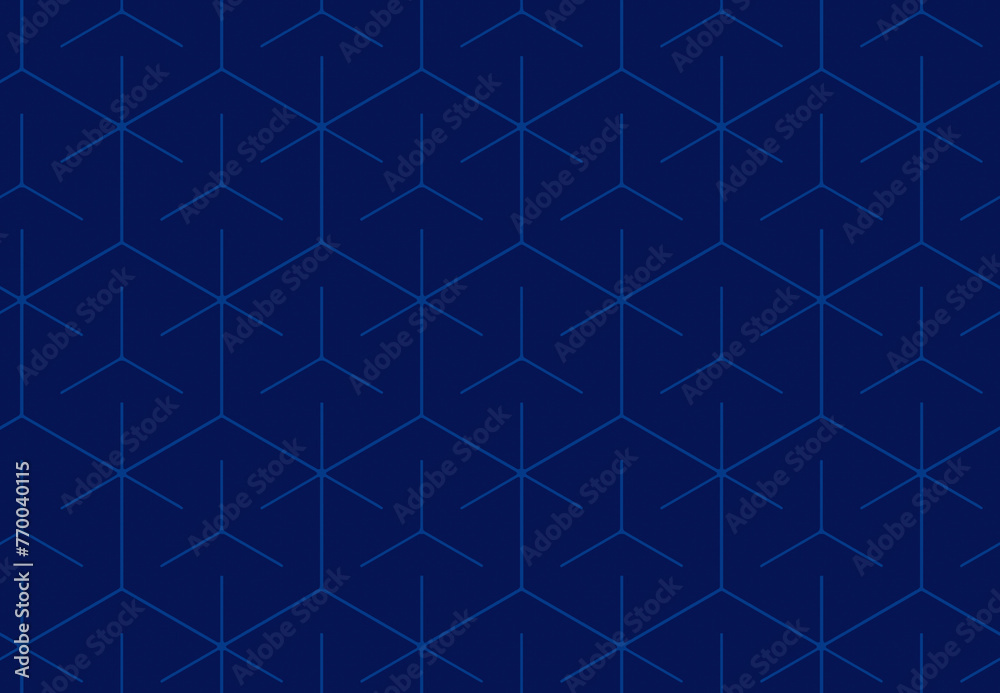 Seamless pattern of blue geometric hexagonal shapes on dark blue background. Abstract and modern high resolution full frame background with repeating pattern.