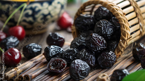 a collection of dried black dates spilling out of a small bamboo basket onto a wooden surface.
