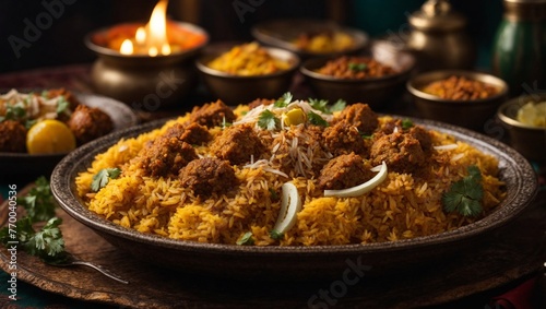 A plate of biryani with a bunch of food on it