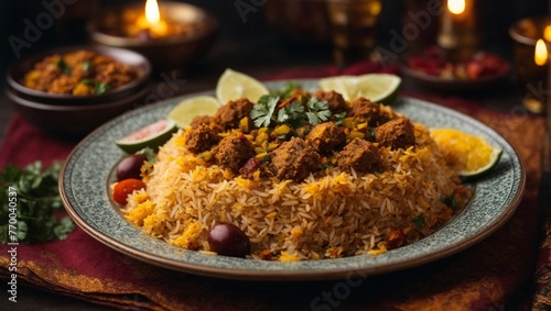 A plate of biryani with a bunch of food on it