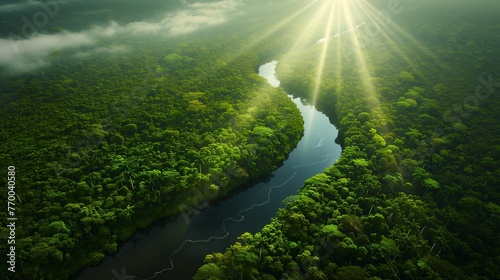 A breathtaking aerial view of a river winding through a dense, tropical rainforest, with rays of sunlight breaking through the canopy.