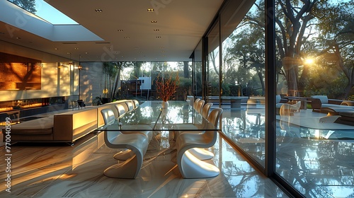 A modern dining room, featuring a sleek glass table and sculptural chairs set against a backdrop of floor-to-ceiling windows. 