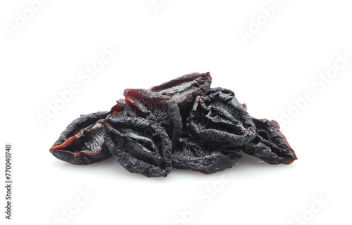Heap of dried prunes isolated on white background. Healthy snack.	
