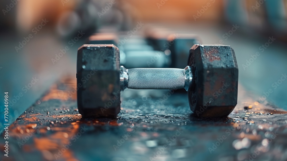 a close up of a pair of dumbs on a bench in a gym area