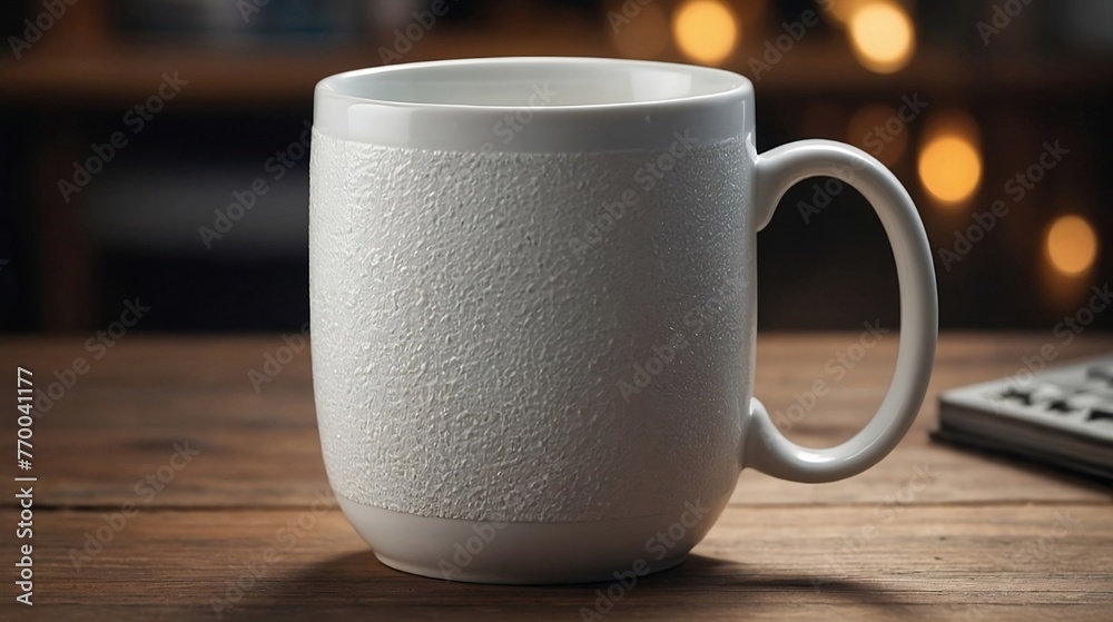 Fototapeta premium Mug Mockup White Sublimation Mug Full Focus on Table