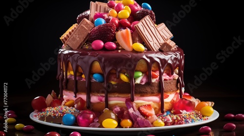 Pinata cake with candies and treats bursting out.