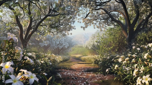 A captivating view of a forest path lined with blooming white jasmine and mango trees, under a clear morning sky. photo