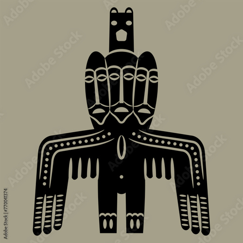 Tribal ancient Siberian totem idol. Permian animal style. Winged pagan shaman deity with three faces. Monochrome silhouette.