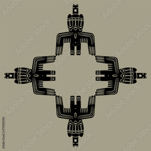 Square cross shape design or frame with ethnic motifs. Tribal ancient Siberian totem idol. Permian animal style. Winged shaman deity with three faces. Monochrome silhouette.