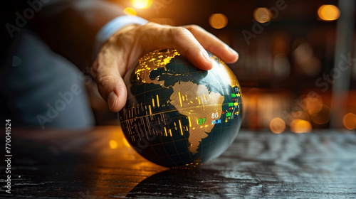 Businessman Holding Globe with Financial Charts