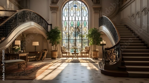 Interior of a church with a large window and a marble staircase