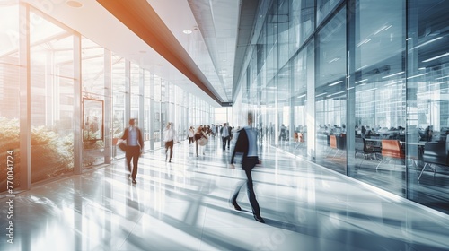 Business workplace, people in walking in blurred motion in modern office space, people motion. copy space