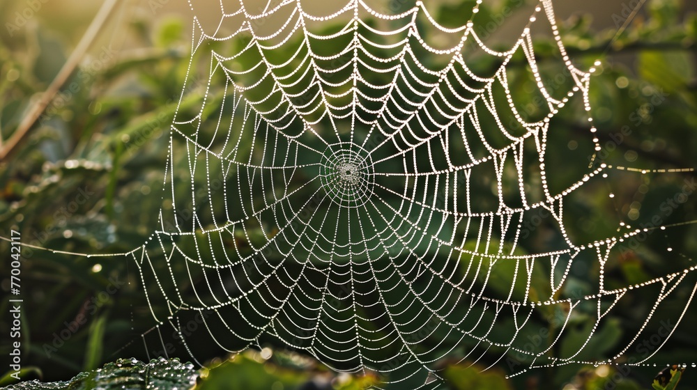 A close-up of a dew-covered spider web in the early morning light, with each dewdrop reflecting the world around it. A close-up of a dew-covered spider web in the early morning light, with each dewdrop reflecting the world around it.