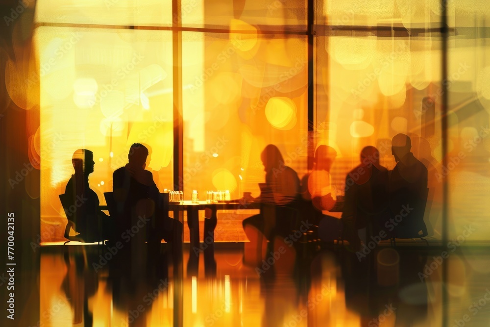 blurred silhouette image of people in a meeting room blurred silhouette image of people in a meeting room