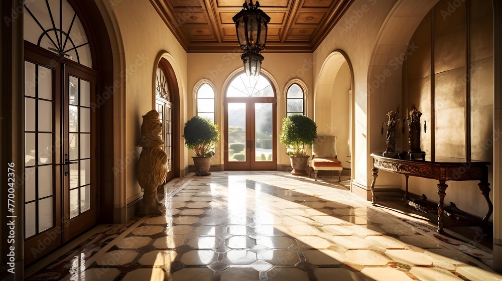 Luxury interior of an old palace. Panoramic photo.