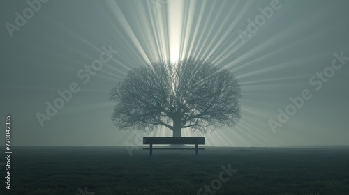  A solitary bench under a field's open sky, bathed in sunlight emanating from behind a towering tree