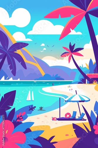 Colorful Summer poster, background for greeting cards, banners, web, landings, advertising and other. Vector flat design style illustration, Tropical Beach Vacation, white background