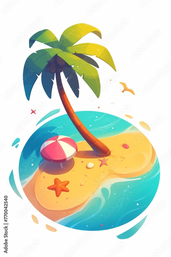 Colorful Summer poster with palm, background for greeting cards, banners, web, landings, advertising and other. Vector flat design style illustration, Tropical Beach Vacation, white background