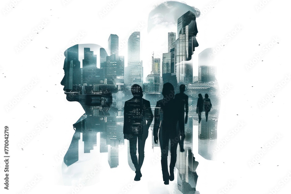 Double exposure of business people and cityscape - obrazy, fototapety, plakaty 