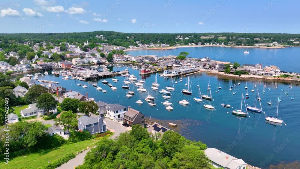 Rockport Harbor aerial view including Bearskin Neck and Motif Number 1 building in historic waterfront village of Rockport, Massachusetts MA, USA. Rockport Harbor aerial view including Bearskin Neck and Motif Number 1 building in historic waterfront village of Rockport, Massachusetts MA, USA.