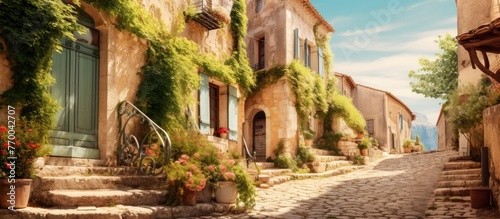 A quaint cobblestone street with charming houses and lush potted plants under a sunny sky, creating a picturesque scene on a beautiful day
