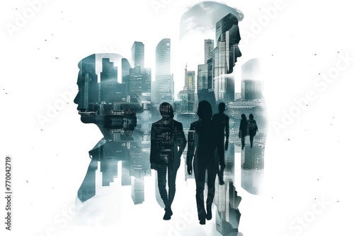 Double exposure of business people and cityscape photo