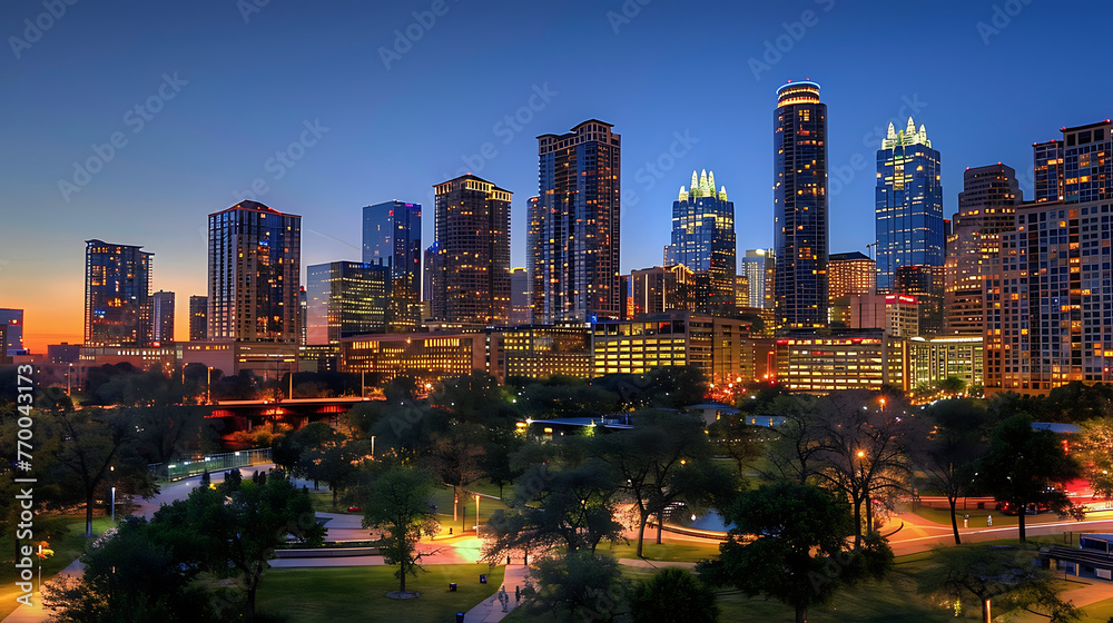 Fototapeta premium a city skyline at dusk, with a beautifully illuminated park in the foreground.